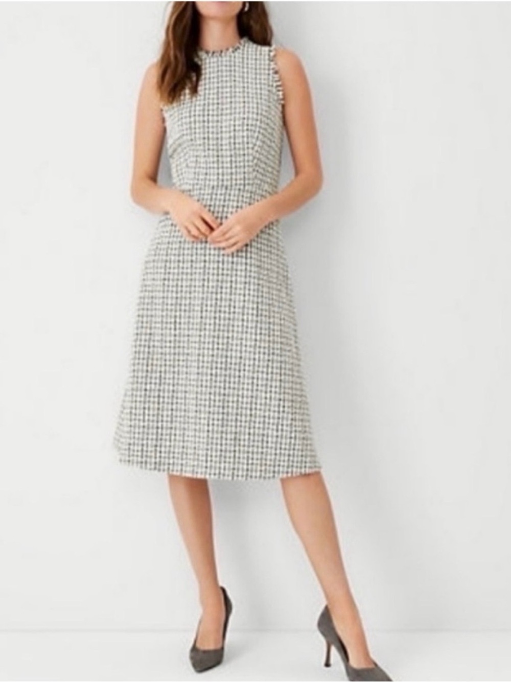 Ann Taylor Black & White Sleeveless Midi Tweed Check Dress NWT size 14